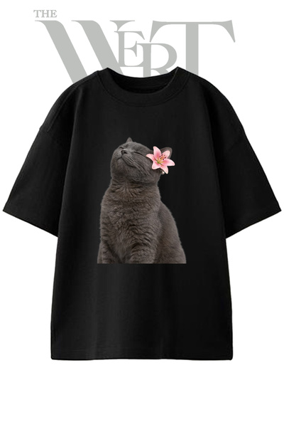 THEWERT Μπλουζάκι Unisex Μαύρο Oversize με στάμπα Grey Cat Lily Design