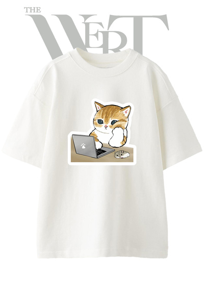 THEWERT Μπλουζάκι με σχέδιο Cat Laptop, τυπωμένο Unisex, λευκό, oversize