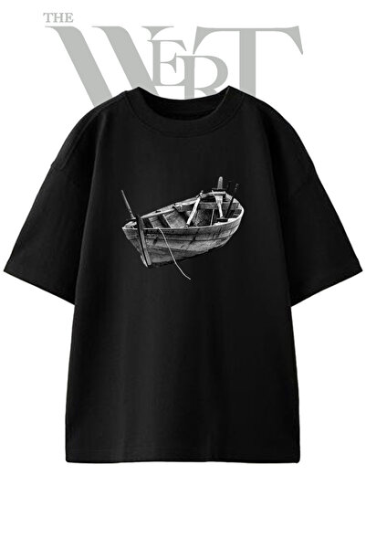 THEWERT Ahsap Kayik_1 Σχέδιο με στάμπα Unisex Μαύρο Oversize T-shirt