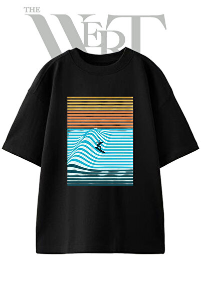 THEWERT تي شيرت أسود كبير الحجم مطبوع بتصميم Op Art Surfer للجنسين