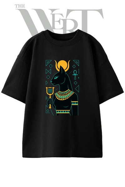 THEWERT Bastet Tanrica Design Printed Unisex Black Oversize T-Shirt