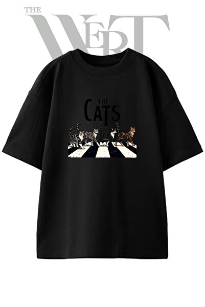 THEWERT Μπλουζάκι Cats Abbey Road με στάμπα, Unisex, μαύρο, oversized