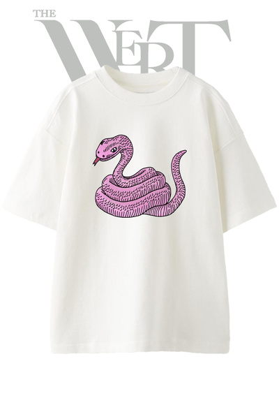 THEWERT Tricou oversize alb unisex cu imprimeu Pink Snake Design