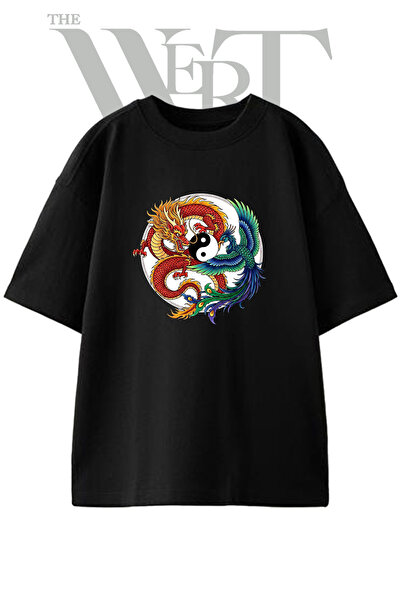 THEWERT Tricou oversize negru unisex cu imprimeu Dragon Phoenix Yin Yang