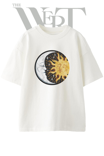 THEWERT Moon Sun Design Printed Unisex White Oversize T-Shirt