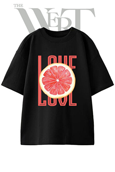 THEWERT Grapefruit Love Design Printed Unisex Black Oversize T-Shirt