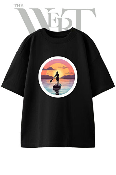 THEWERT تي شيرت أسود كبير الحجم مطبوع بتصميم SUP sunset للجنسين