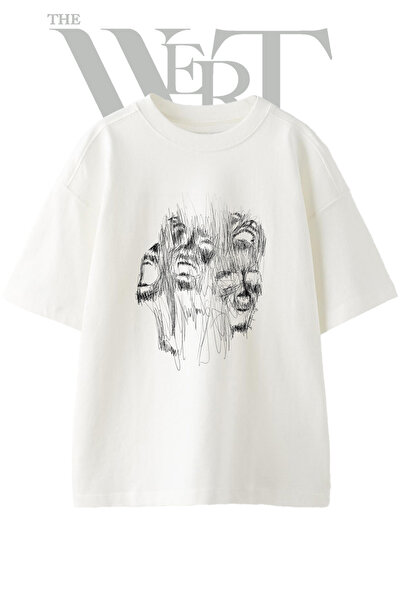 THEWERT Screaming Faces Design Printed Unisex White Oversize T-Shirt