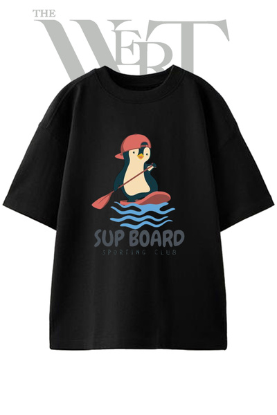 THEWERT Penguin Sup Design Printed Unisex Black Oversize T-Shirt