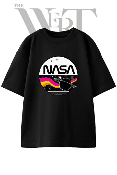 THEWERT Nasa Space Design Printed Unisex Black Oversize T-Shirt
