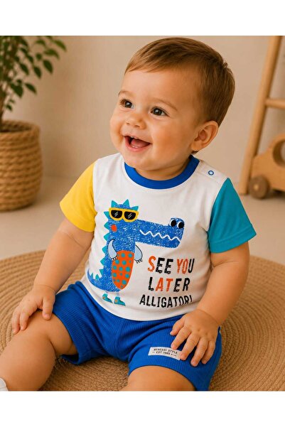 krm kerem bebe 100% Cotton Pocketed Dinosaur Printed Double Baby Set with Sna...