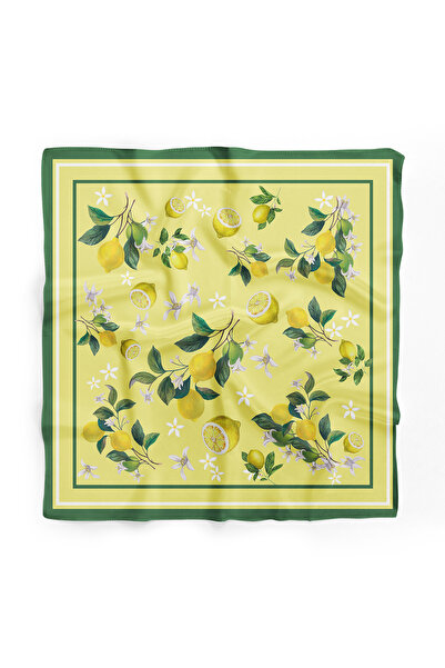 DSCARF Women's Yellow Lemon Patterned Satin Scarf 70X70 - Cherry Patterned Wa...
