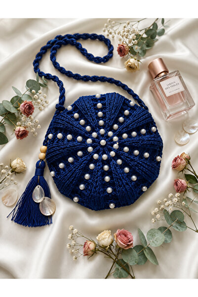 Verda Desing Pearl Embellishment Detailed Round Macaron Straw Navy Blue Color...