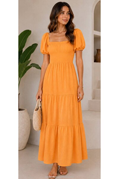 PAYİNİ Busem Dress Women's Green-Orange-Giped Waist Square Neck Balloon Sleev...