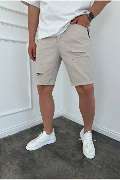MADZEYMODA Men's Light Gray Denim Jean Shorts with Ripped Detail Ke-507