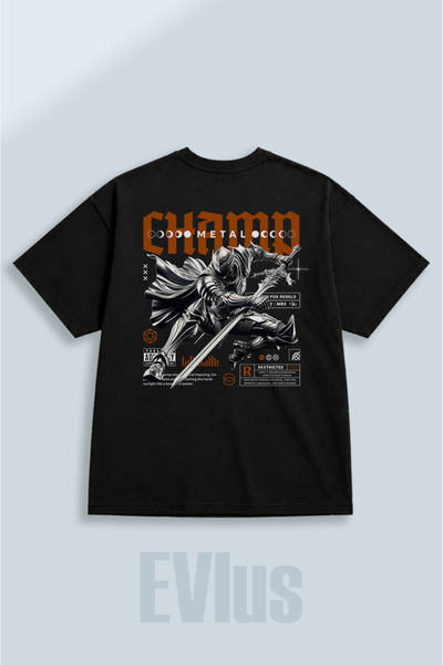 EVIus Tricou negru oversize cu imprimeu Champ, 100% bumbac, cu decolteu rotun...