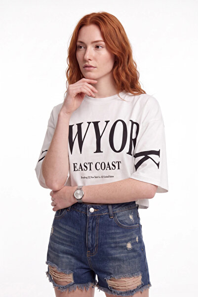 cemo New York Baskılı Oversize Crop Tişört