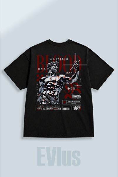 EVIus Tricou negru supradimensionat, cu imprimeu metalic, 100% bumbac, cu dec...