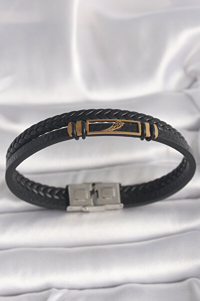 Mega Bazaar 316L Steel Gold Color Black Twist Model Leather Cord Men's Bracel...
