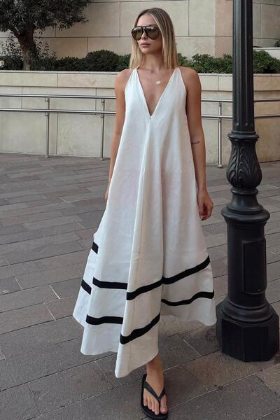Swist Beige V-Neck Strappy Double Striped Flared Women's Linen Dress