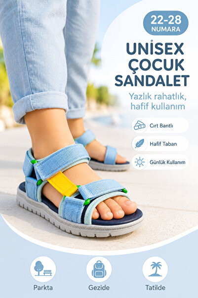 Ayakkabı Deryası Unisex Çocuk Sandalet Mavi Cırt Bantlı Hafif Esnek Taban Yaz...