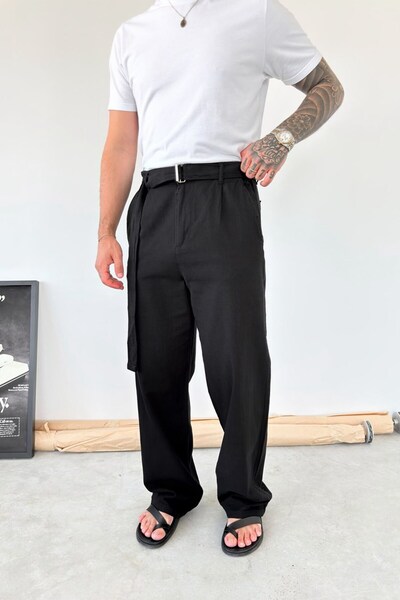HAFKAGİYİM Black Belt Detailed Baggy Linen Trousers