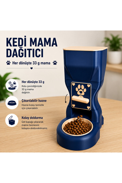 Premium Kedi Mama Dispenseri – Manuel Döner Hazneli, 33 g Porsiyonlama