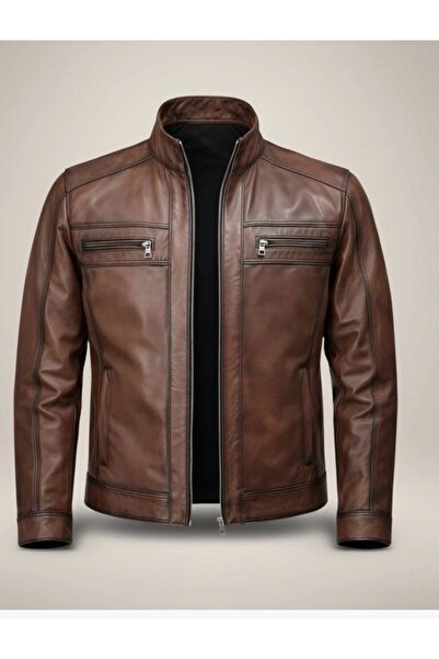 DERİMONTAYA Men's Brown Genuine Lambskin Leather Coat Jacket