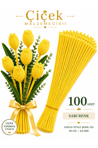 KLC Çiçek Malzemecisii 100 Adet Sarı Yoğun Tüylü Şönil Tel 30 CM | 0,6 MM | Ç...