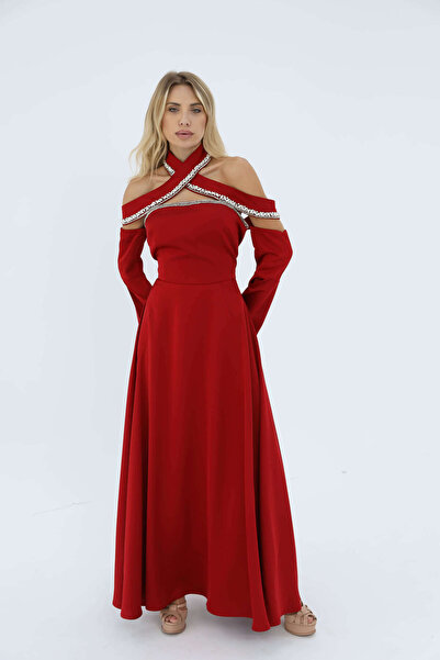 2TRENDY Women's Off Shoulder Long Dress with Crystal Detail in Red