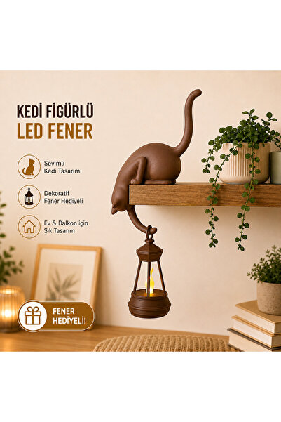 Razmo Dekoratif Kedi Figürlü Led Fenerli Raf Süsü