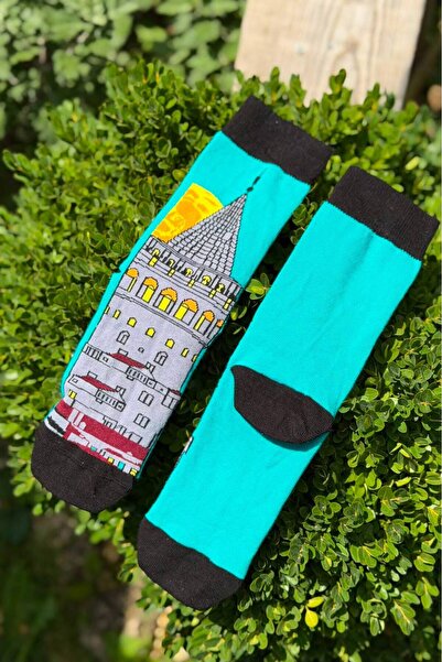 LouSocks جوارب تركوازية منقوشة على شكل برج جالاتا في اسطنبول للجنسين