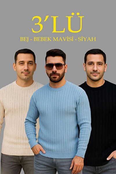 Mariposa Secret Men's Ribbed Knitwear Crew Neck Thick Sweater Set of 3 Beige-...