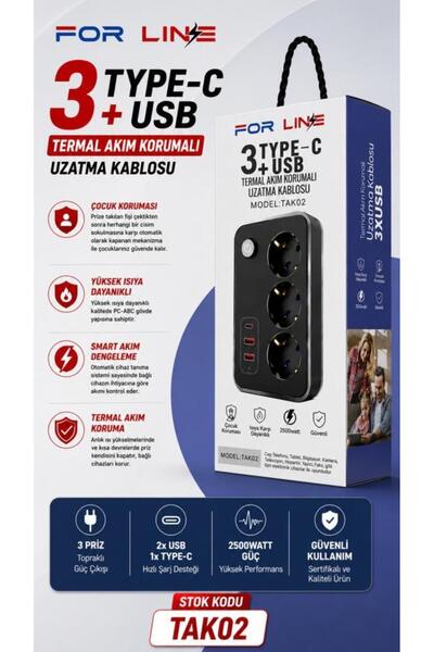 FORLİNE 3 Soketli Type-c + 2 USB Girişli 2Metre Kablolu Akım Korumalı Grup Priz