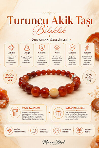 Muammer Köksal Design Turuncu Akik Taşı Bileklik 8 mm Carnelian Doğal Taş Kad...