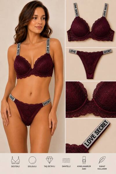 Shesu Destekli Dolgulu Dantelli Taşlı Sütyen Tanga Takım Love Secret