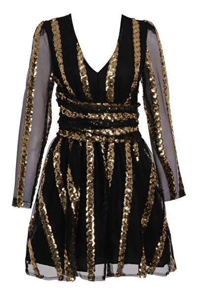 Keikei Siyah Altın Tül Uzun Kol Kısa Elbise