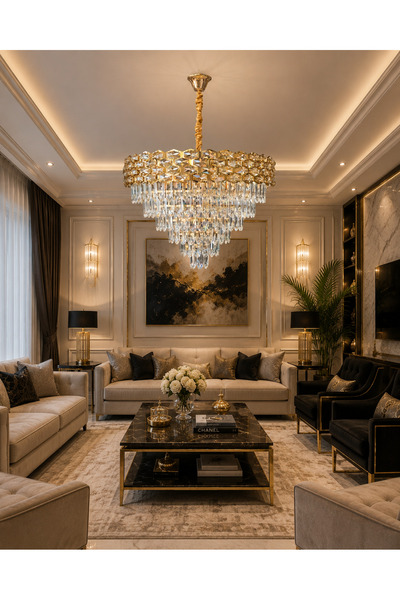 Led YENİ MODEL 60 CM KRİSTAL LÜX SALON AVİZE GOLD RENK İTHAL KASA
