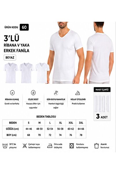 Yıldız Çamaşır Men's Ribbed V-Neck 100% Cotton Undershirt Undershirt (60-61-6...
