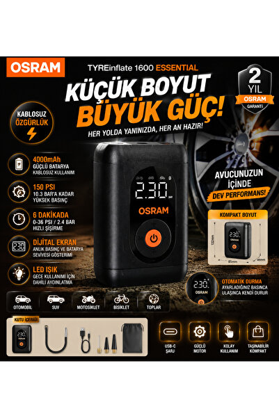 Osram Kablosuz Lastik Şişirme Kompresörü 150 PSI TYREinflate 1600 Essential D...