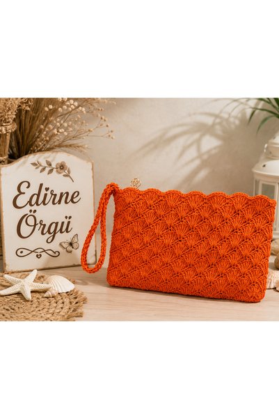 edirneörgü Velora Orange Hand Knitted Clutch Bag – Lined, with Zipper and Inner Pocket