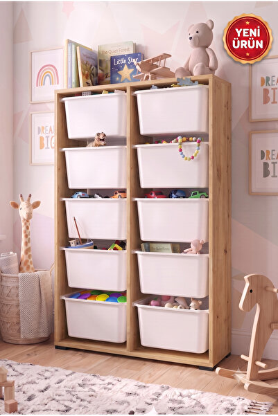 decosense 10 Adet Büyük Çekmeceli 136 cm Safir Meşe Çocuk Odası Oyuncak Dolab...