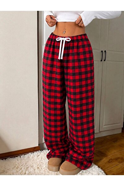 EDVESS Ekoseli Desenli Bağcıklı Rahat Kesim Bol Paça Eşofman / Pijama Altı