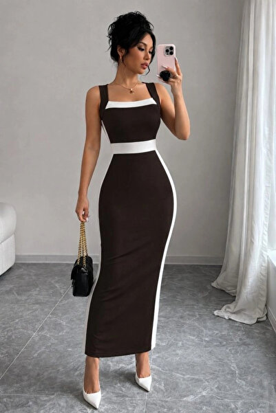 Beruflic Women's Strappy Geometric Collar Ribbon Detailed Long Diver Dress