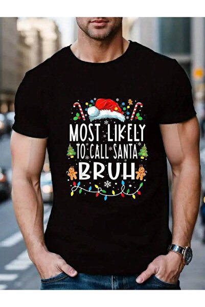 KYMC07 تي شيرت رجالي أسود 100% قطن بطبعة "Most Likely To Call Santa Bruh" لعي...