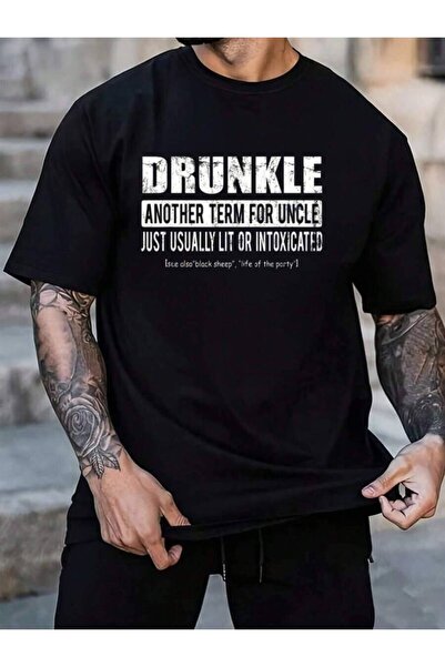 KYMC07 قميص رجالي أسود 100% قطن بطباعة 'Druncle Drunk Uncle' مضحك، قميص للعطل...