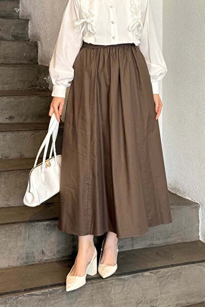 lamelif Pocket Detailed Flared Linen Skirt Bitter Brown