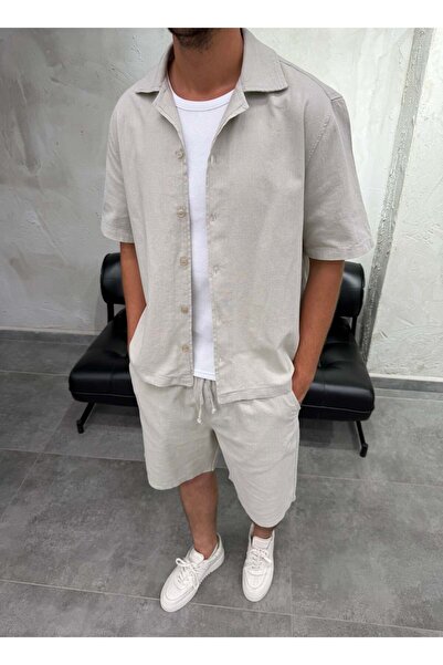 DIFRANSEL JEANS Boxy Fit Linen Shirt Shorts Stone Set