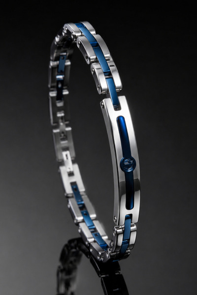 OSMANLI GÜMÜŞ Men's Steel Bracelet with Anchor Figure and Blue Stripe Detail,...