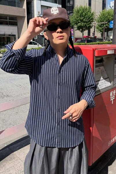 COMBİNE MİCHAİL Men's Relax Fit Striped Black Casual Linen Shirt